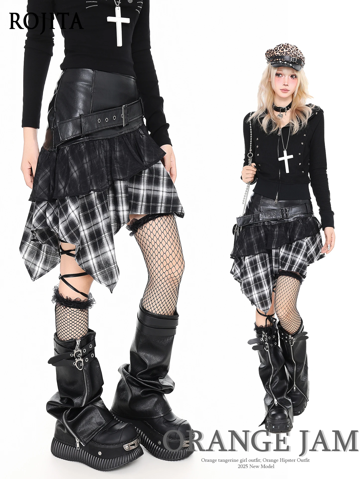 

Vintage Gothic Subculture Plaid Patchwork A-line Slimming Design Irregular Black Mini Skirt Korean Fashion Clothing Goth Skirt