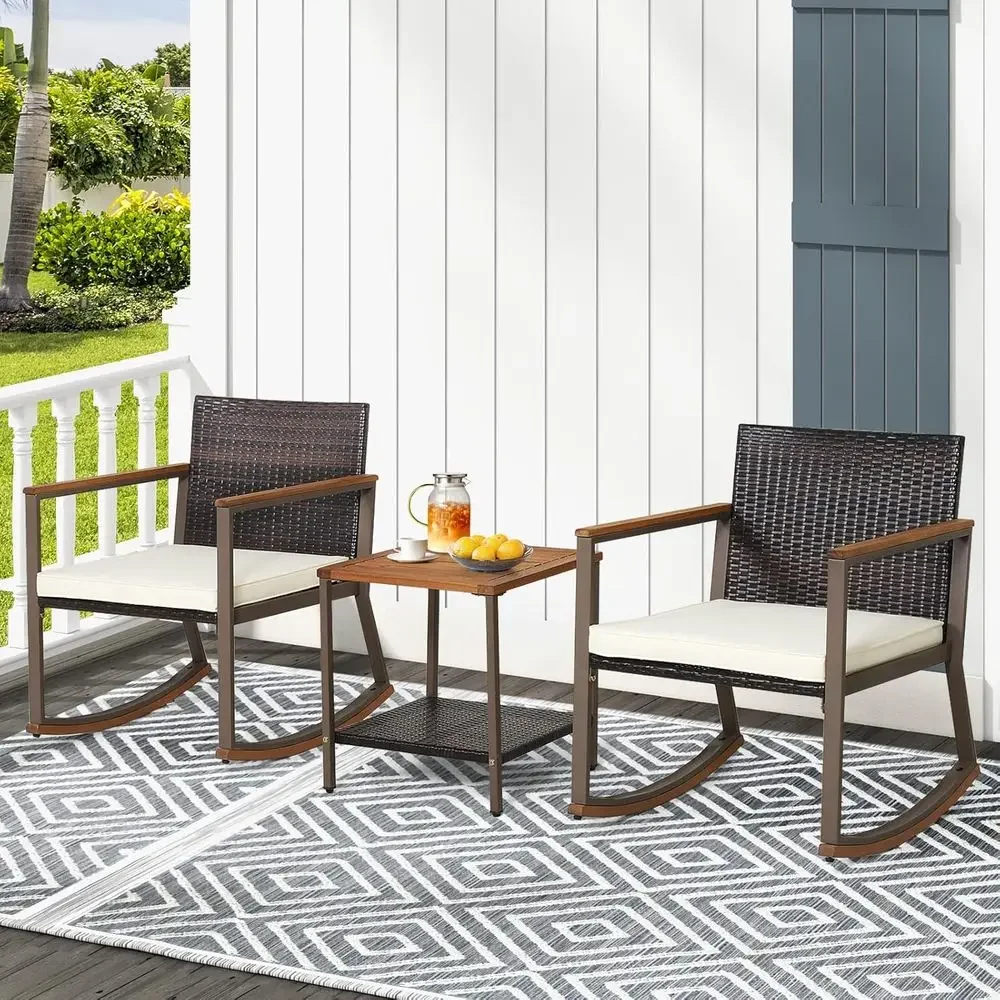 3-Piece Outdoor Wicker Rocking Chair Set with Coffee Table and Cushions for Patio, Balcony, Porch, and Backyard (White)