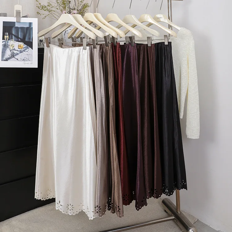 Women Red Satin Midi A‑line Skirt High Waist Laser Cut Floral Hem Swing Skirt Elegant Glossy Long Skirt Evening Chic Fall Bottom