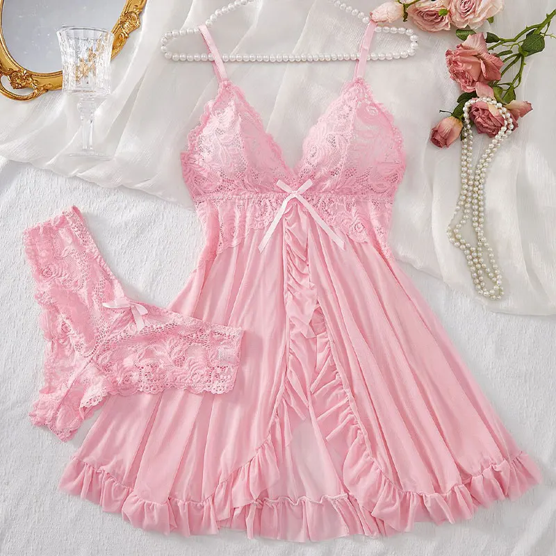 Sexy Lace Nightdress Transparent Pink Lingerie Women Underwear Sexy Sleepwear Thin Style G-string Set Elegant DeepVDress Pijamas