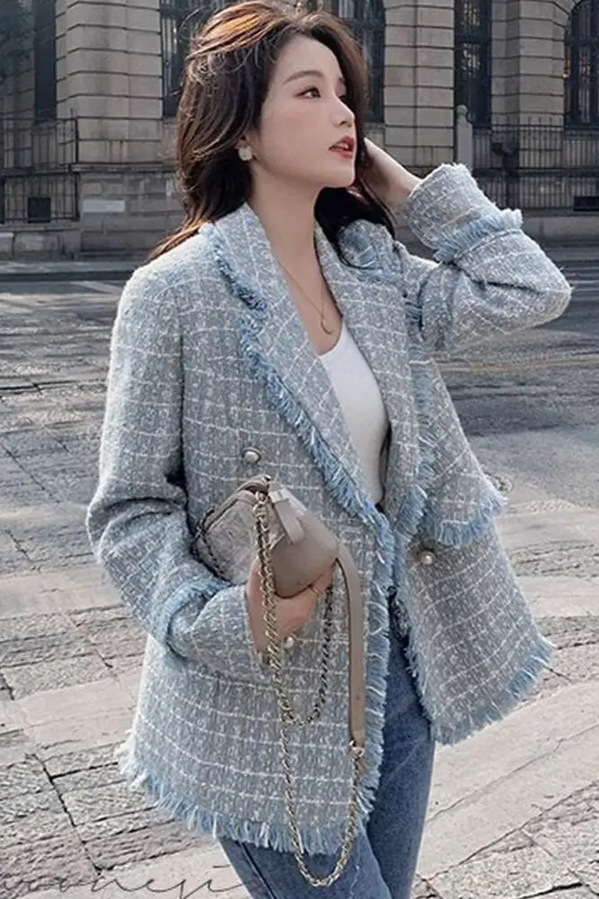 

​​Petite Notch Lapel Tweed Blazer Women Autumn Blue Houndstooth Jacket French Chic Office Vintage Styling​​