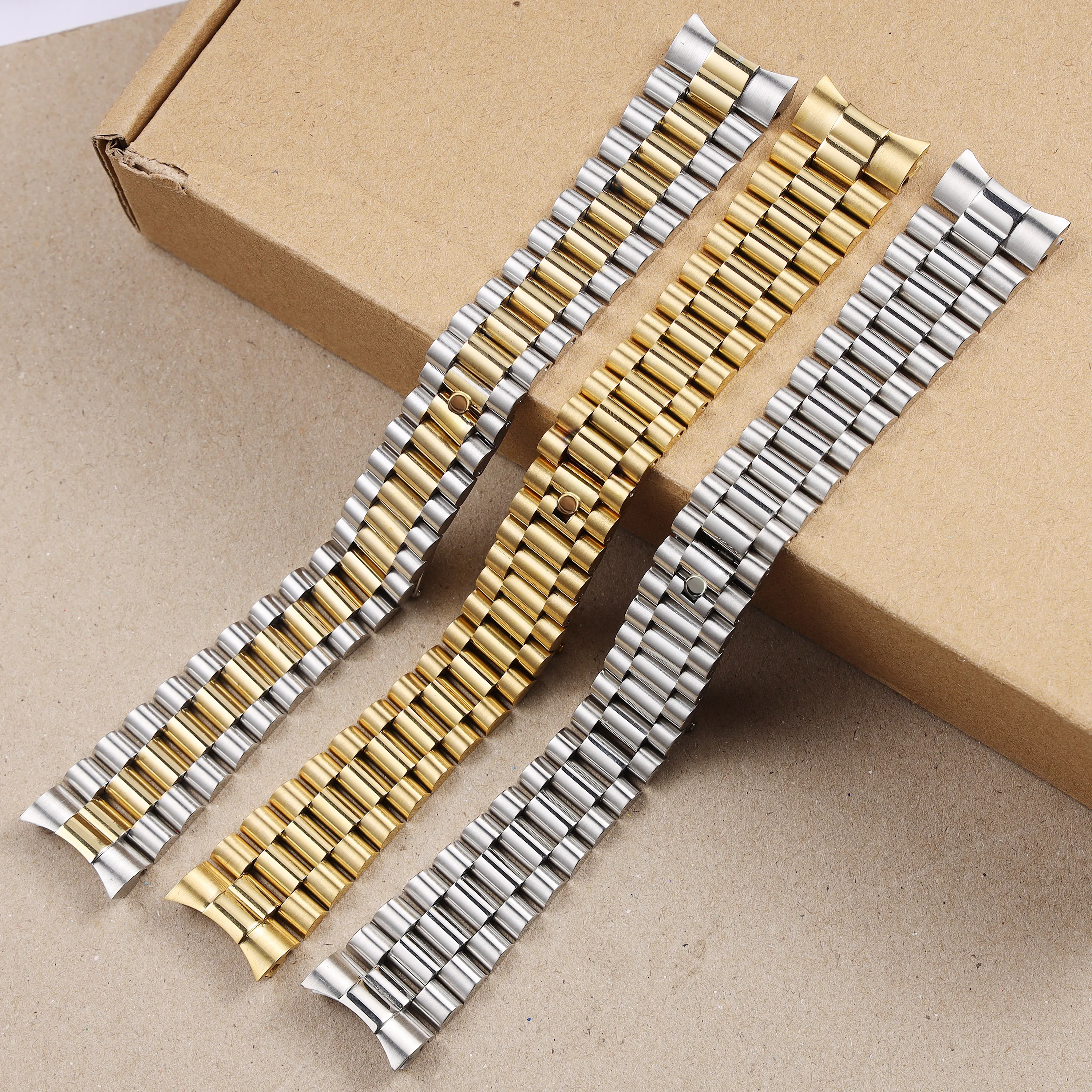 

20mm Solid Curved End Screw Links Deployment Clasp Stainless Steel Wrist Watch Band Bracelet President Strap For Rolex Date