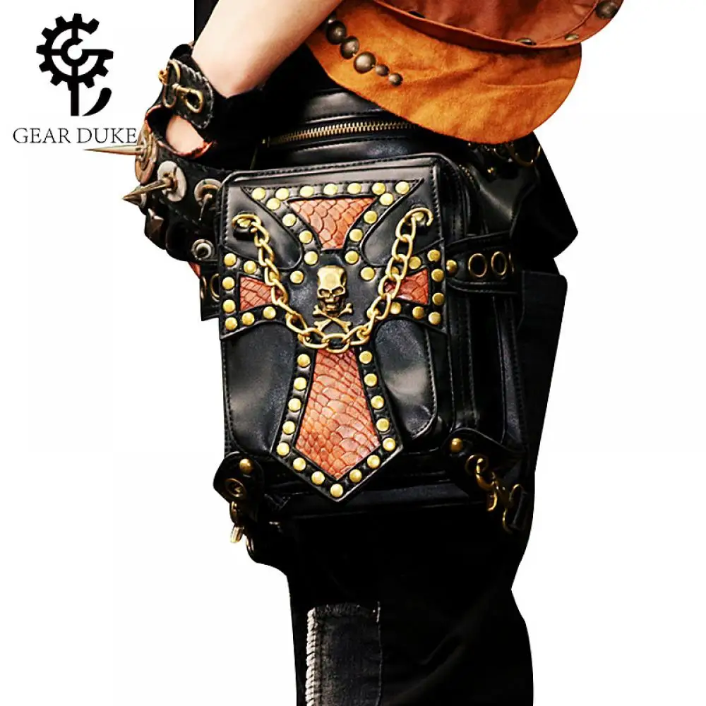 

Gear Duke Punk Rock Skull Rivet Chain Bag Multiple Wearing Single Shoulder Waist Messenger Backpack Motorcycle Riding Equipment