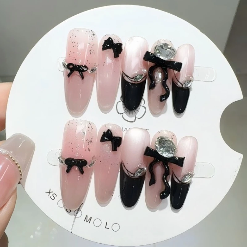 

10PCS Handmade Press on Nails Black 3D Bow Nail Patch Sweet Cool Black French Wearing Armor Long Elliptical Fake Nail Tips