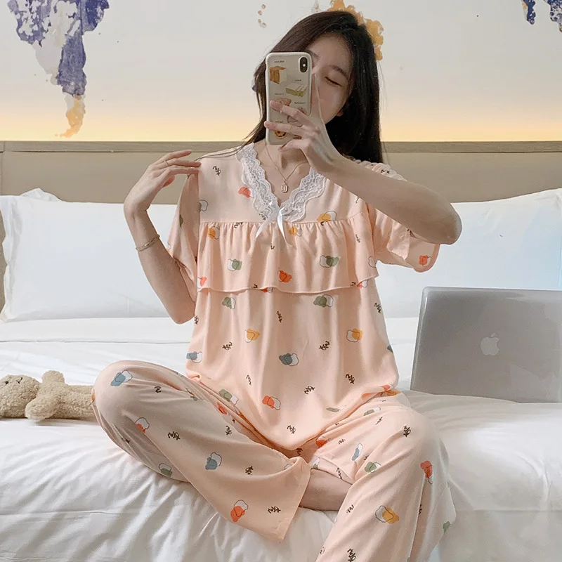 2024 New Floral Cotton Silk Pajamas For Women's Summer Ins Lace Princess Style Loose Anti Convex Point Home Clothing Set Female