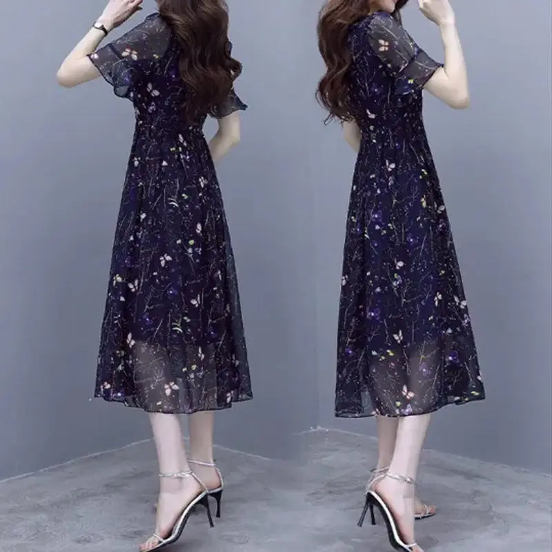 Vintage Printed Bandage Butterfly Sleeve Chiffon Floral Dress Women\'s Clothing 2024 Summer New Commute Midi Dress
