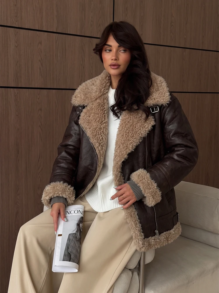 Women Winter Cropped Faux Leather Shearling Biker Coat Oversized Fluffy Fur Collar Asymmetric Zip New Chic Street Outerwear