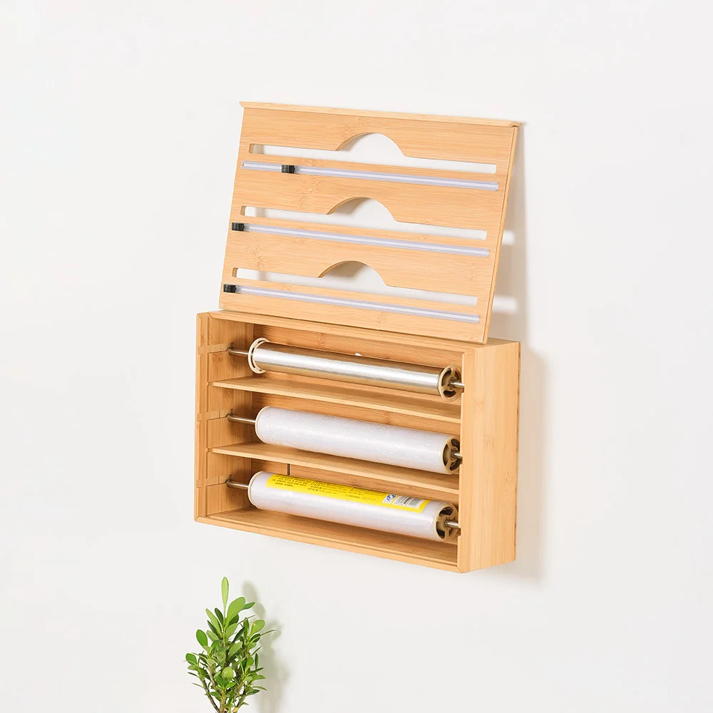 

Custom Bamboo Wrap Dispenser with Cutter, Food Wrap Dispenser Storage Box for Foil Wax and Plastic