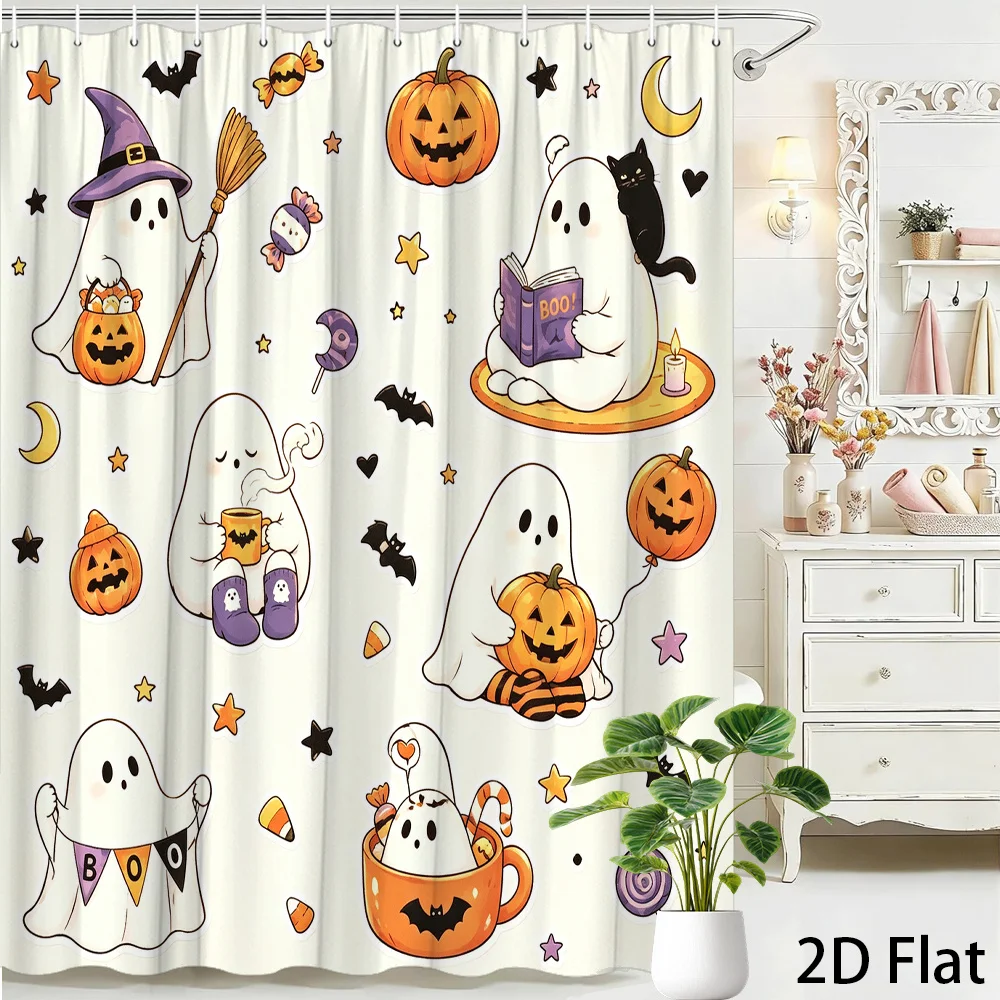 Cute Ghost Shower Curtain, Halloween Pumpkin & Witch Print Waterproof Bathroom Decor, Funny Kids Home Bath Screen