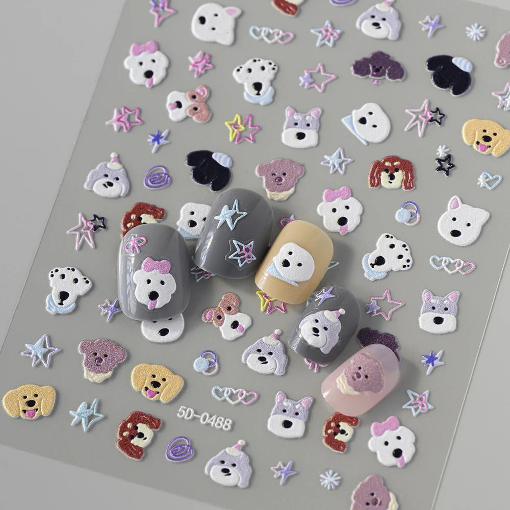 2pcs 5D Cartoon Puppy&kitten Nail Stickers Set Kawaii Embossed Happy Dog Pentagrams Milk Cat Design Nail Decals DIY Animals Nail