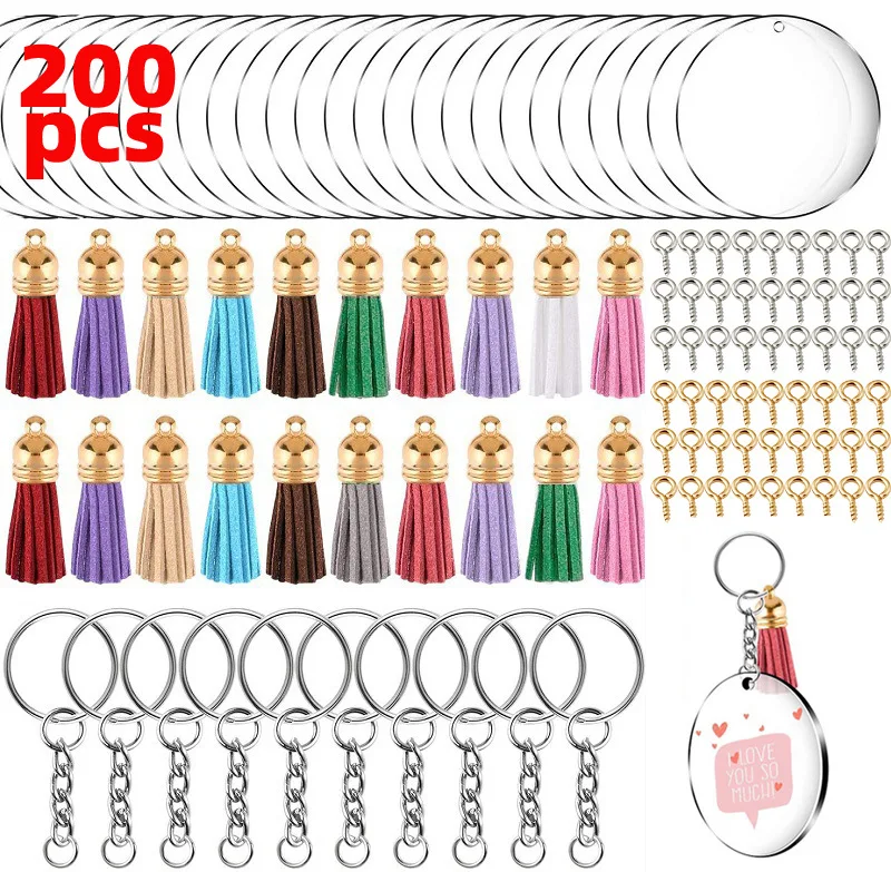 200 Pcs Kit di spazi vuoti portachiavi in acrilico con portachiavi anelli di salto rotondi dischi trasparenti cerchi pendenti con nappe colorate per