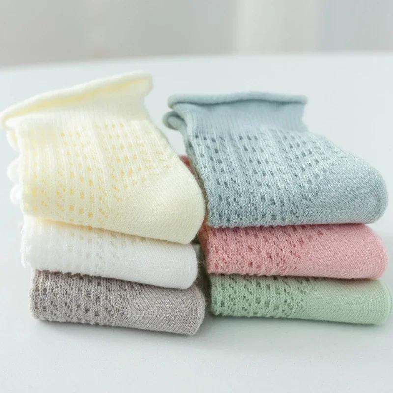 Baby Sock Solid Color Cute Curled Mesh Cotton Socks Spring Summer Thin Breathable Non Legging Newborn Socks Baby Clothes