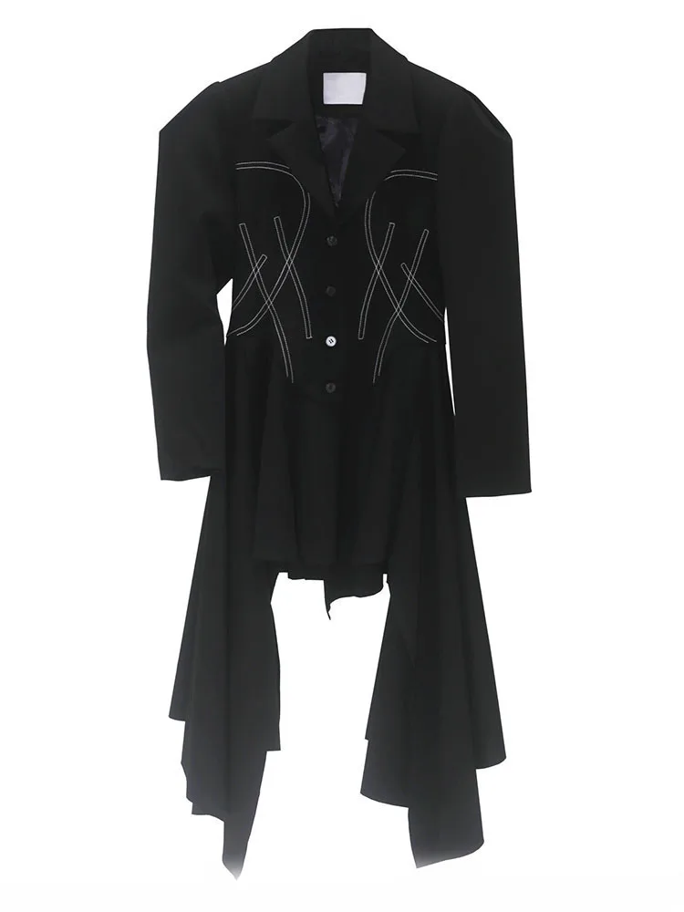 [EAM] Women Black Irregular Topstitched Elegant Long Blazer New Lapel Long Sleeve Jacket Fashion Tide Spring Autumn 2024 1DH6269