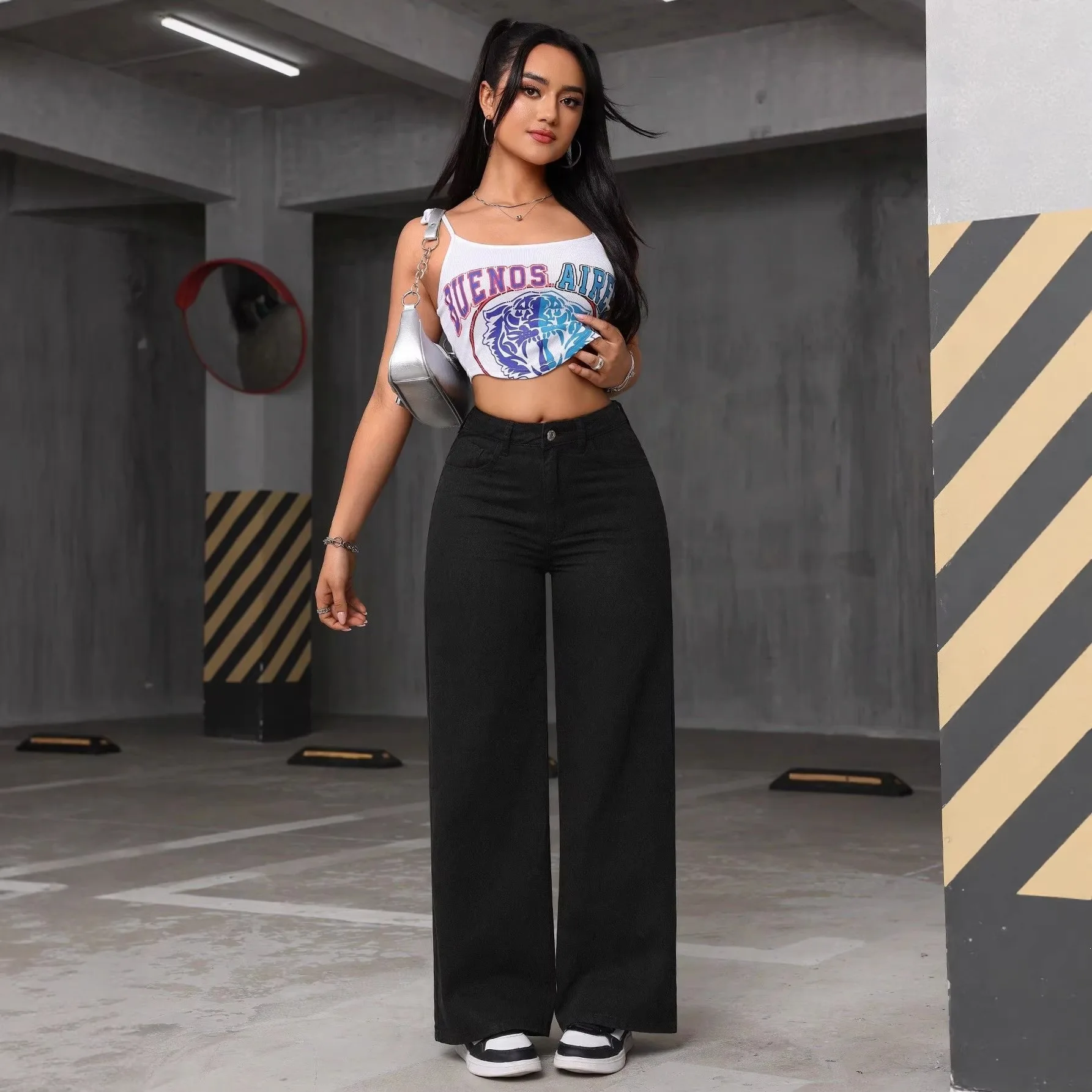 Women Vintage Washed Coffee High Waist Wide Leg Jeans Loose Draped Slim Floor Length Casual Denim Trousers Spring