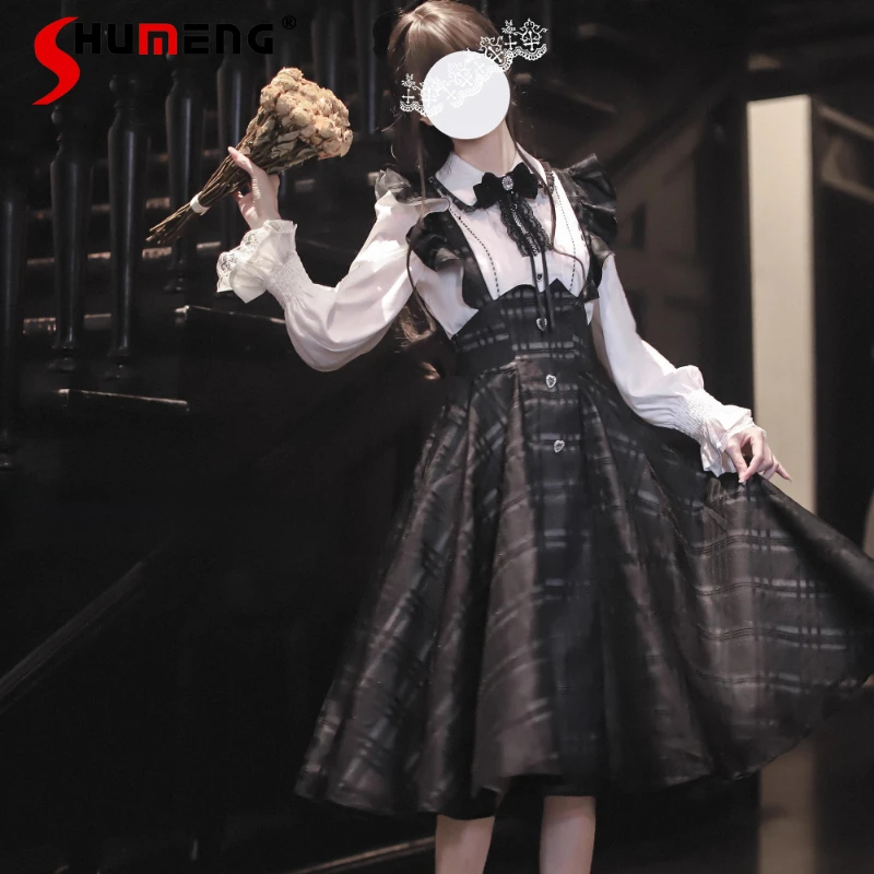 

Japanese Original Lolita Lace Elegant Long Sleeves Shirt And Strap Dress Two-Piece Set Landmine Style Single-Breasted Shirt Suit