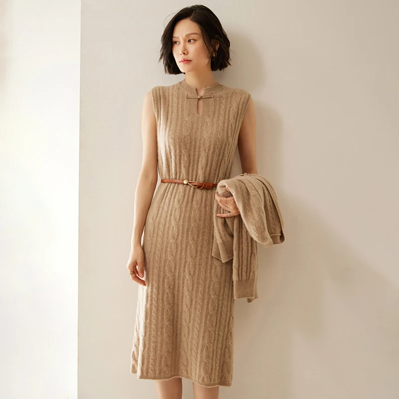 Women's 100% Cashmere Vest Dress Chinese Style Autumn Winter Cashmere Twist Flower Knitted Sleeveless Sweater Long  Dresses