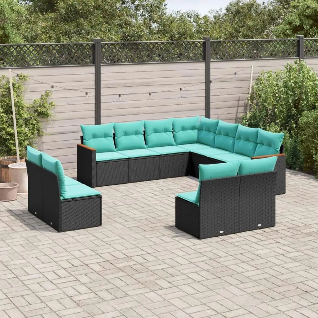 11-Piece Black Poly Rattan Patio Sofa Set with Cushions - Stylish Outdoor Furniture