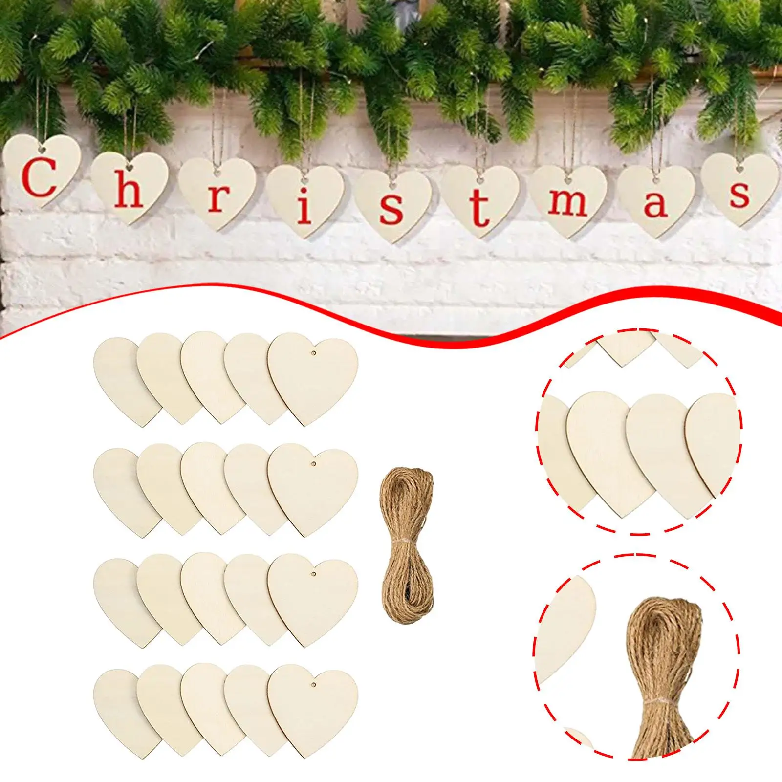 20Pcs Heart Shaped Wood Slices Cutouts Unfinished Party Decoration DIY Craft Art Project with Twines Christmas Hanging Decor