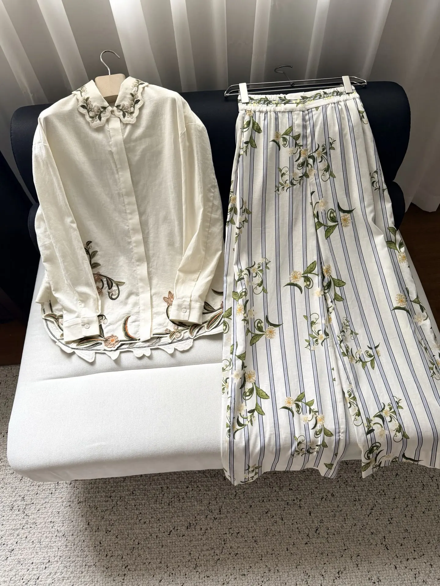 Women Linen 2-Piece Set Striped Floral Print Loose Wide Leg Pants + Flower Embroidery Single Breasted Long Sleeve Shirt Suit