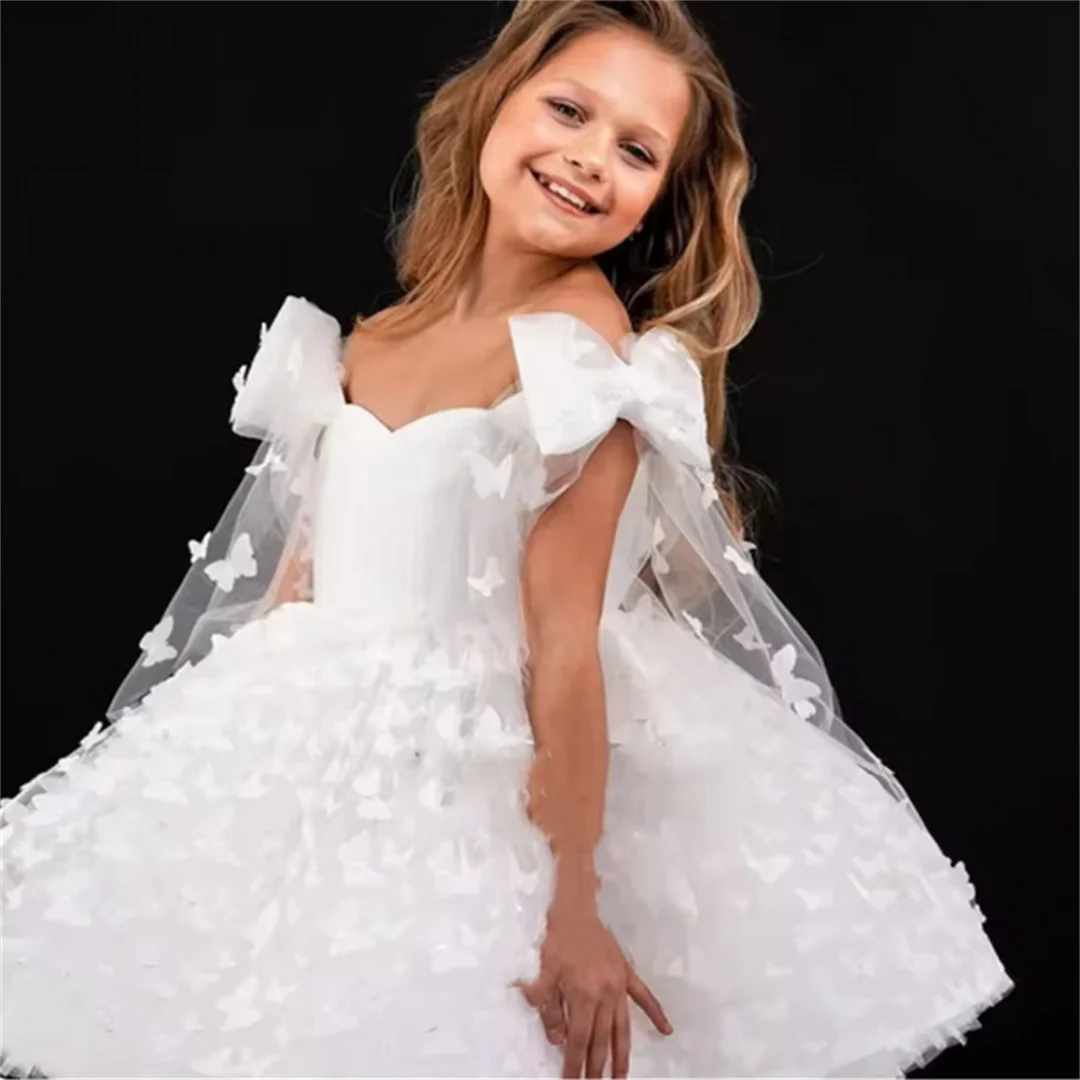 

Милое платье с открытыми плечами и 3d аппликацией для девочек с цветочным узором, бальное платье с бантом в форме сердца, маленькая девочка, принцесса для причастия