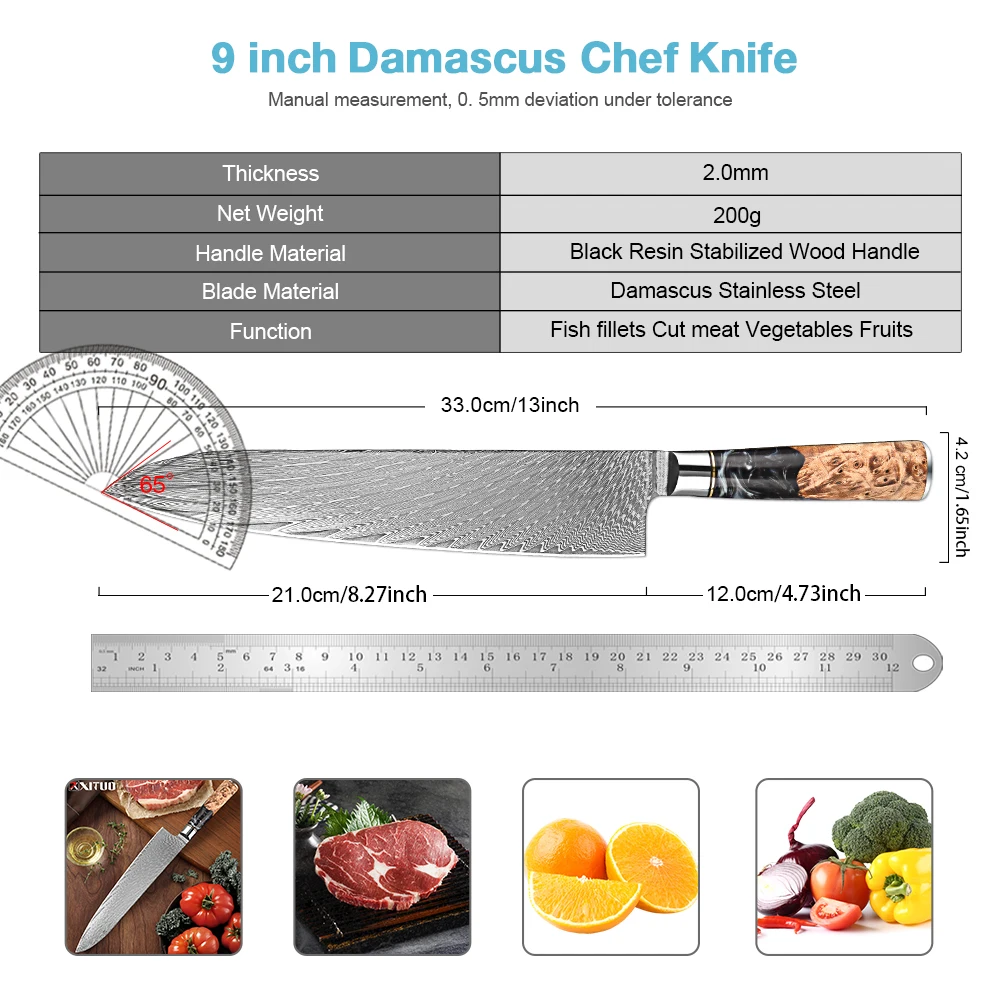 XITUO 9 Inch Damascus Chef Knife, Professional VG-10 Damascus Super Steel Kitchen Knife, Ultra Sharp Cooking Knife Slicing Knife