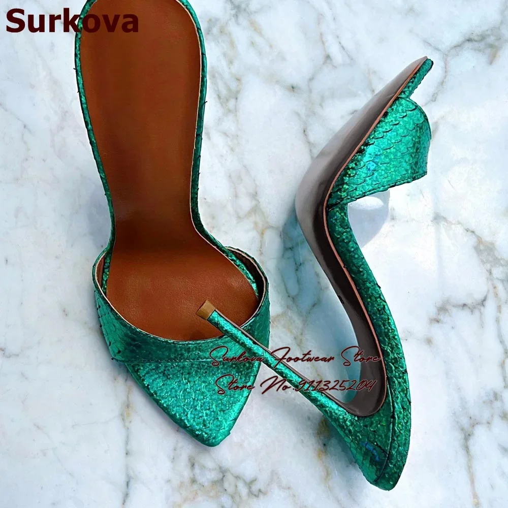 

Surkova Sexy Gold Purple Snakeskin High Heel Slippers Pointed Toe Python Pattern Mules Shallow Dress Pumps Sandals