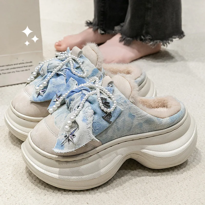 

Women's 7 Cm Platform High Heel Slippers Winter Denim Plush Furry Outdoor Slides Jeans Shoes Ladies Pearled Clogs Mules Slippers