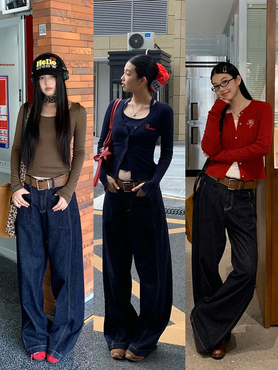 بنطلون جينز واسع الساق بخصر مرتفع للنساء، أسلوب الشارع الأمريكي العصري، إصدار جديد للخريف، قصة مستقيمة