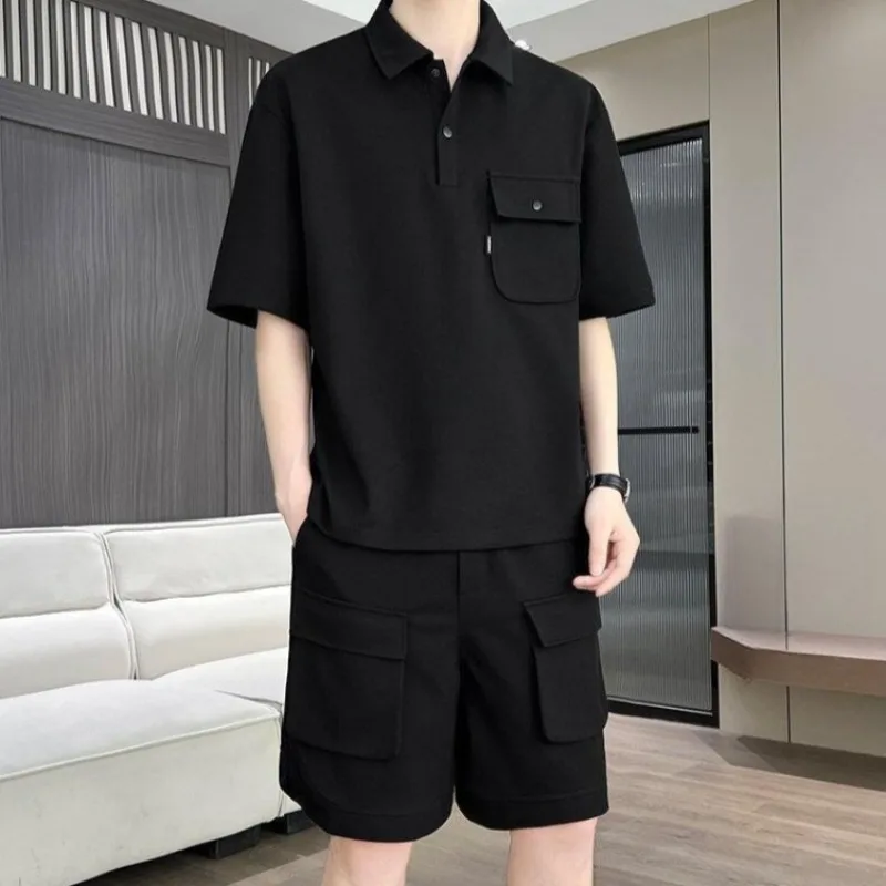 Men's Summer Short Sleeve Polo Shirt Shorts Set Premium Quality Breathable Knitwear Slim Fit Adult Clothing for Casual Outdoor