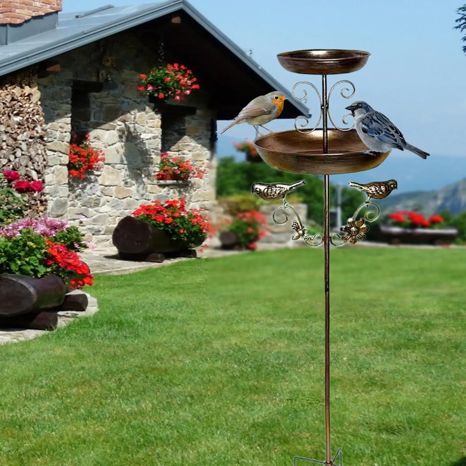 Metal Bird Bath Feeding Station Porch Backyard Decorative Balcony Fence Park Birds Drinking Water Bow Gift Landscape Feeder Bowl