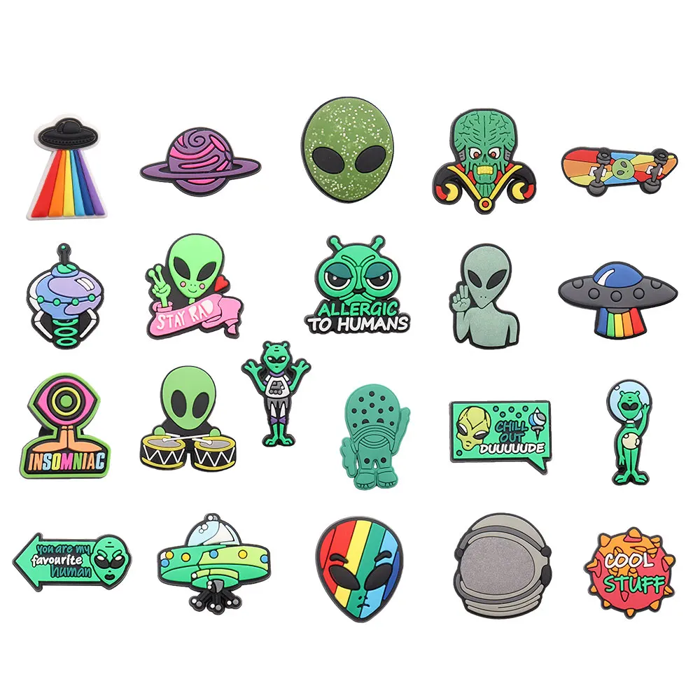 1-21PCS PVC Cartoon Shoe Charms UFO Planet Alien Skateboard Kit Drum Helmet Cool Stuff Buckle Clog Children Adorable Decorations