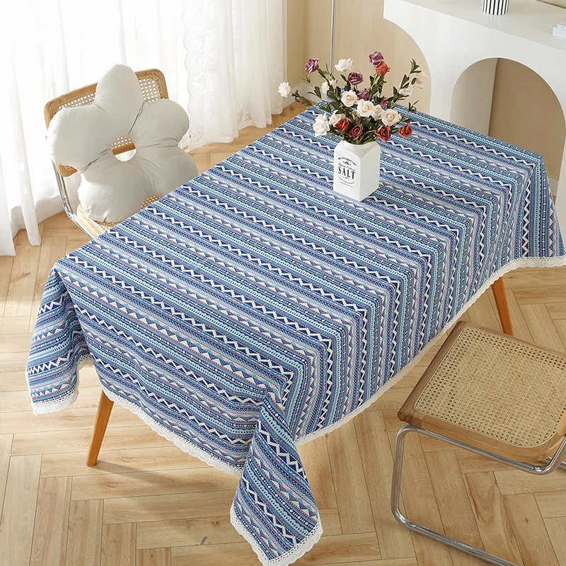 

Cotton Linen Bohemian Blue Stripes with Lace Household Dining Table Cloth Living Room Tea Table Tablecloth Tea Tablecloth