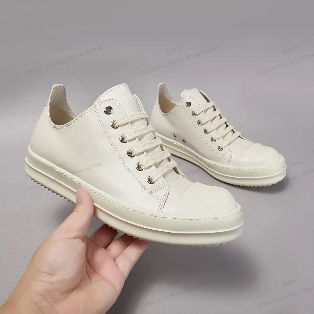 Ricks Luxury Casual Shoe Men O-wens Casual Shoes Women RO Ivory White Cowhide Leather Low Top Lace-up High Quality Flat Sneakers