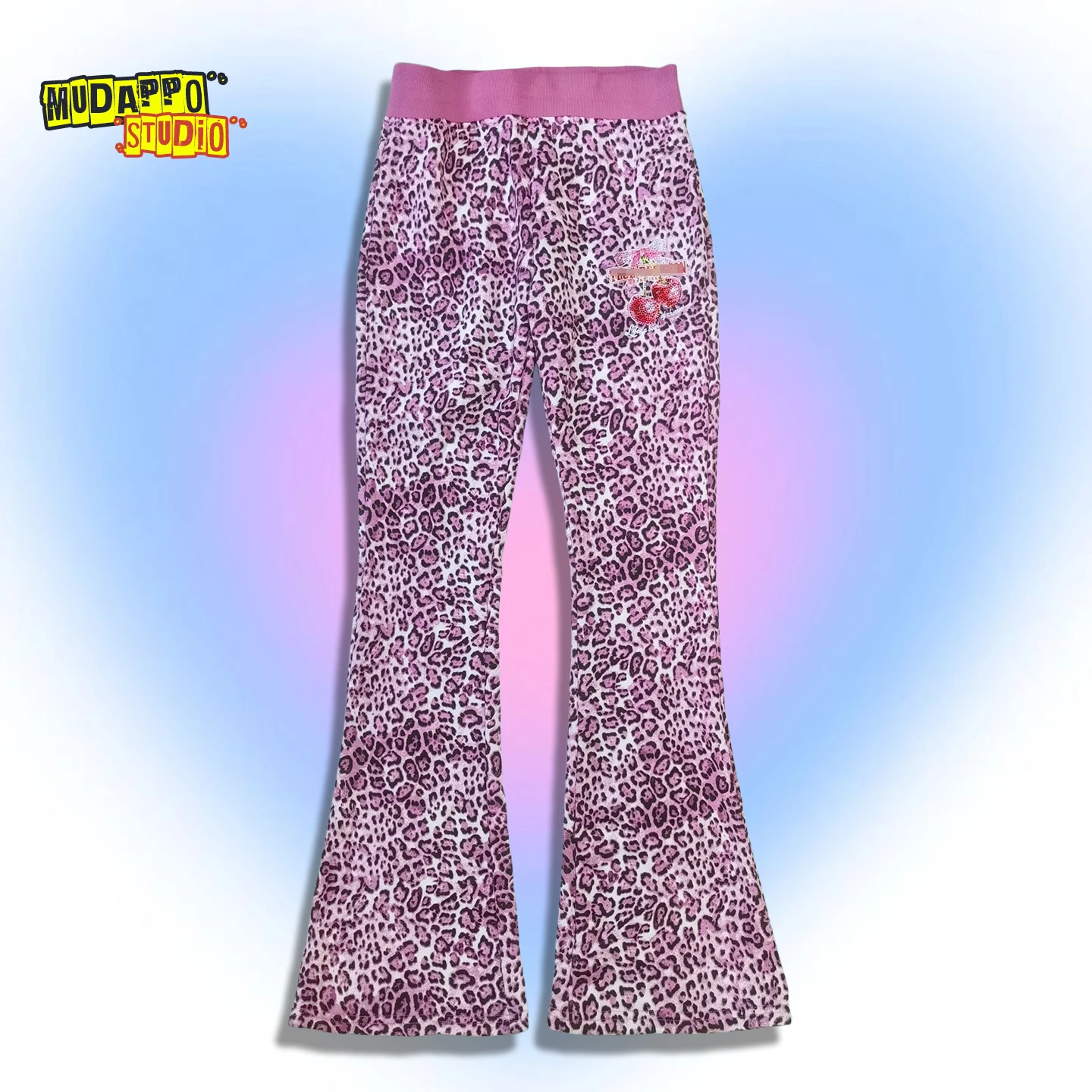 Sexy Belted Fleece Lined Flared Casual Pants Pink Leopard Print Rhinestone Detailing Low Waist Cotton Blend Women's Trousers