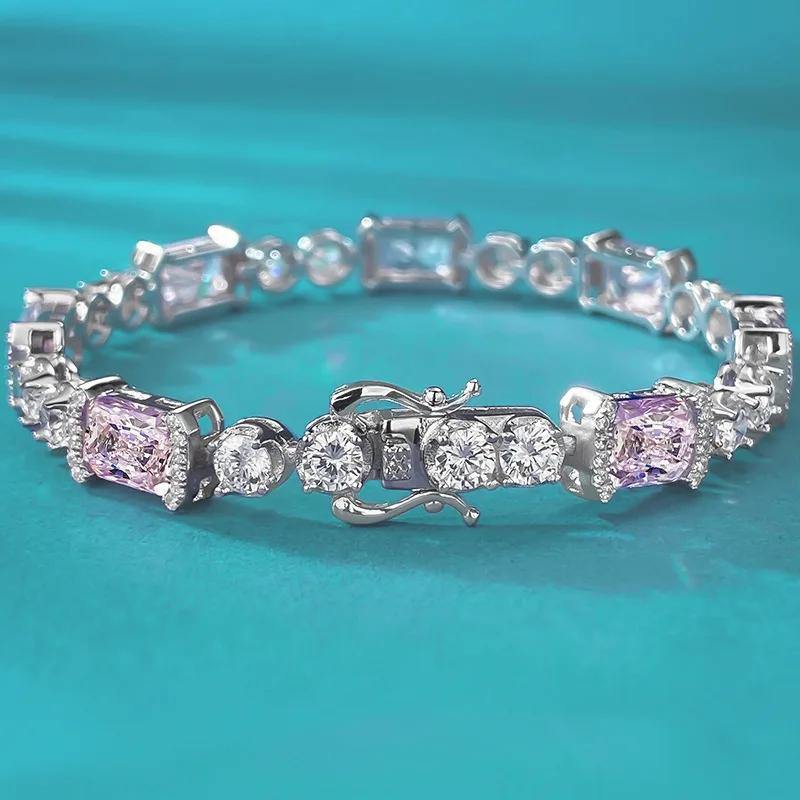 2024 New S925 Silver Ice Flower Cut 6 * 8 Pink Diamond Sweet and Simple Style Women's Bracelet