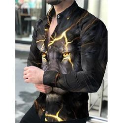 Men's Luxury Fashion Harajuku Shirt For Men Casual Social Lion Print Long Sleeve Smooth Clothing Elegant Y2k Streetwear Top