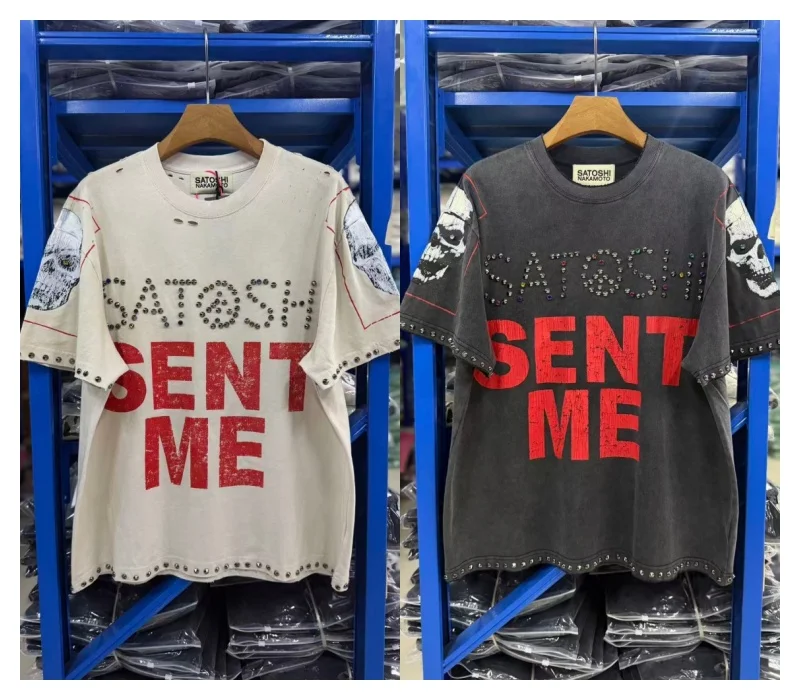 Summer Latest Highest Quality Fashion High Street SATOSHI NAKAMOTO Washed Distressed Beaded Destroyed Short-Sleeve T-Shirt