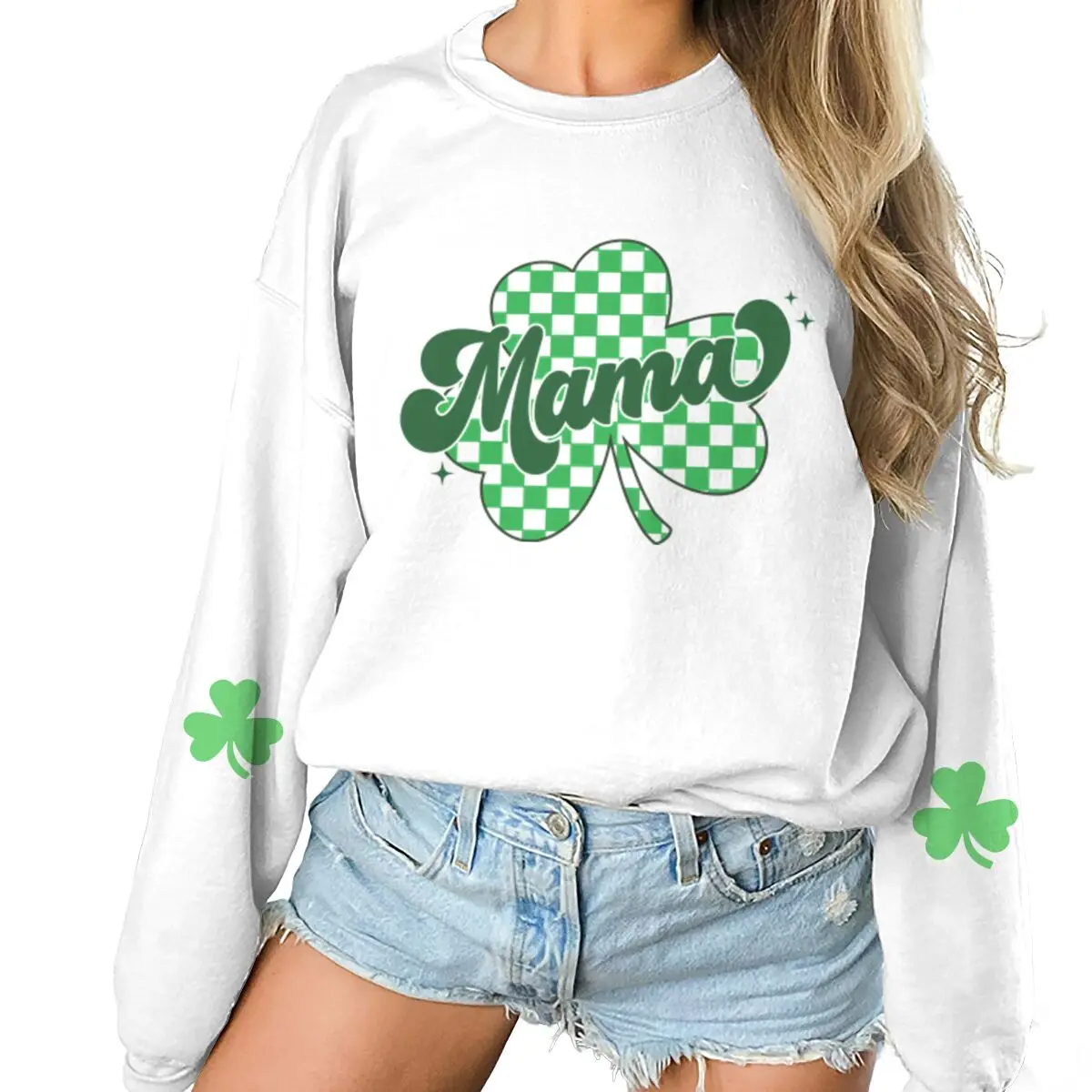 

Женская толстовка на День Святого Патрика с клетчатым узором и графикой клевера, повседневный топ с круглым вырезом, подарок на День Святого Патрика для мамы, одежда