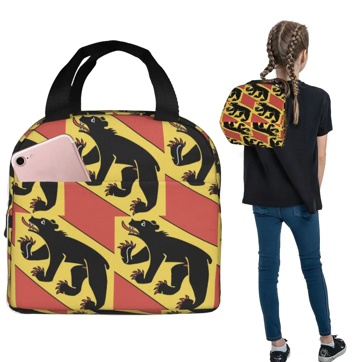 Bolsa de almuerzo aislada con escudo de armas de la bandera suiza de Bern Bear para mujeres y niños, cajas de comida portátiles, bolsa térmica para el almuerzo