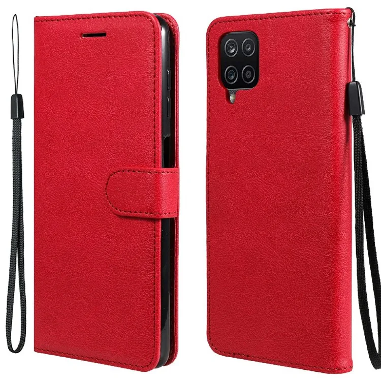 

For Samsung Galaxy A12 Case Solid Color Leather Mobile Cover Wallet Stand with Strap - Red
