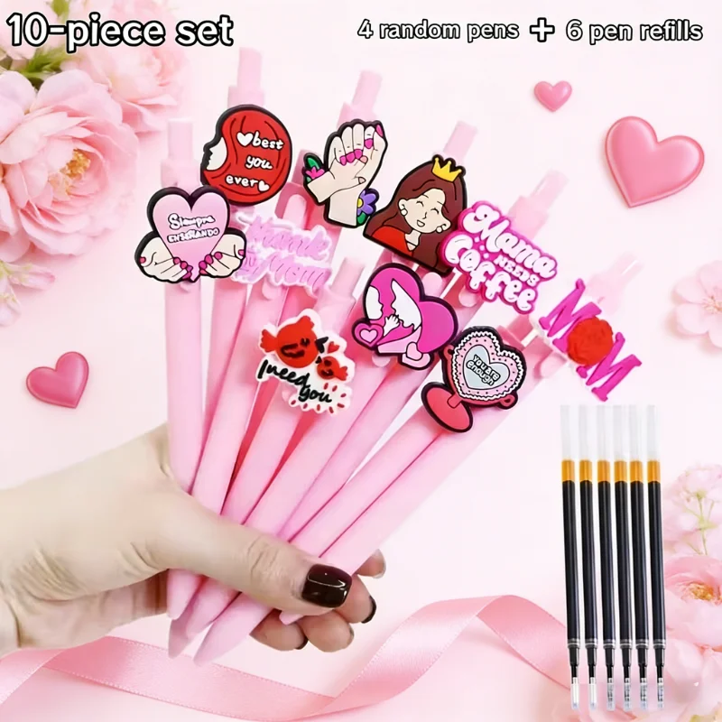 10pcs Mother's Day pink ballpoint pens, including 4 pens and 6 refills, making it the perfect gift for your mother or wife