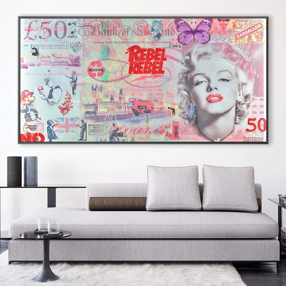 

Banksy Abstract Money Graffiti Canvas Painting Superstar Monroe Posters Art Americas Foreign Coin Collection Wall Decor Pictures