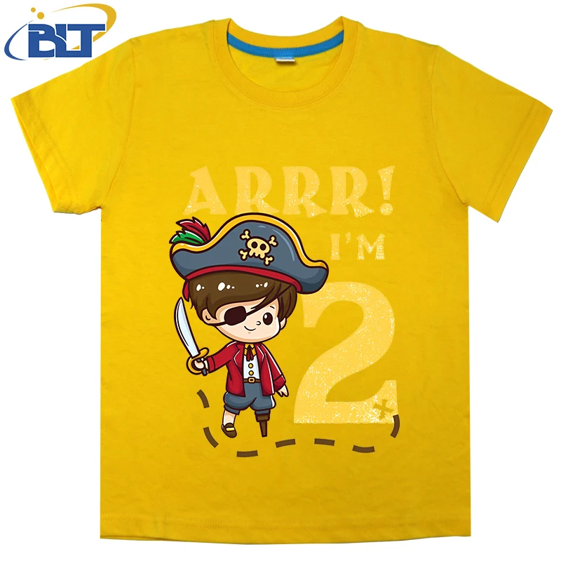 Camiseta con estampado de capitán pirata para niños, top informal de manga corta de algodón de verano, adecuado para niños y niñas, 2 ° cumpleaños