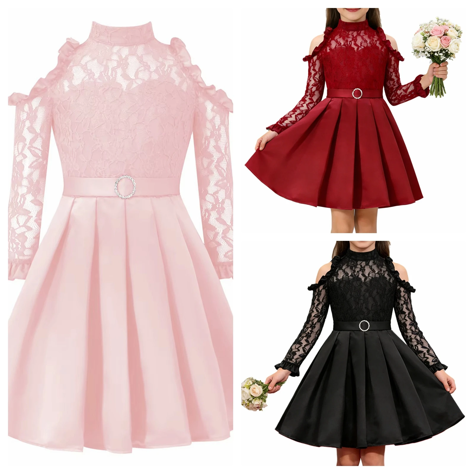 

Kids Formal Party Dress Fitst Communion Princess Dresses High Neck Flower Girl Dress Lace Ball Gown Birthday Wedding Costume