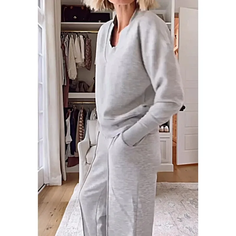 

Casual Loose Sweatshirt+pants Two Piece Sets Women Fashion V-neck Pullover Sweatshirts Outfits Autumn Winter Wide Leg Pants Suit
