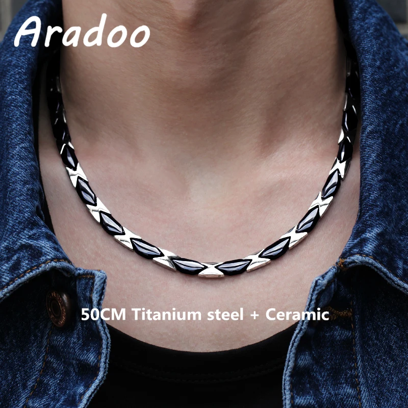 Aradoo Ceramic Energy Necklace Titanium Steel Collar Hematite Negative Ion Anti-radiation Antioxidant Anti-fatigue Necklace