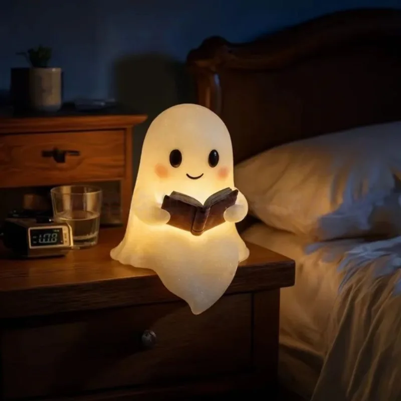 Cute Ghost Reading Book Night Light - Spooky Halloween Decor for Bedroom, Kids Room, Party Ornament, USB Rechargeable LED Lamp