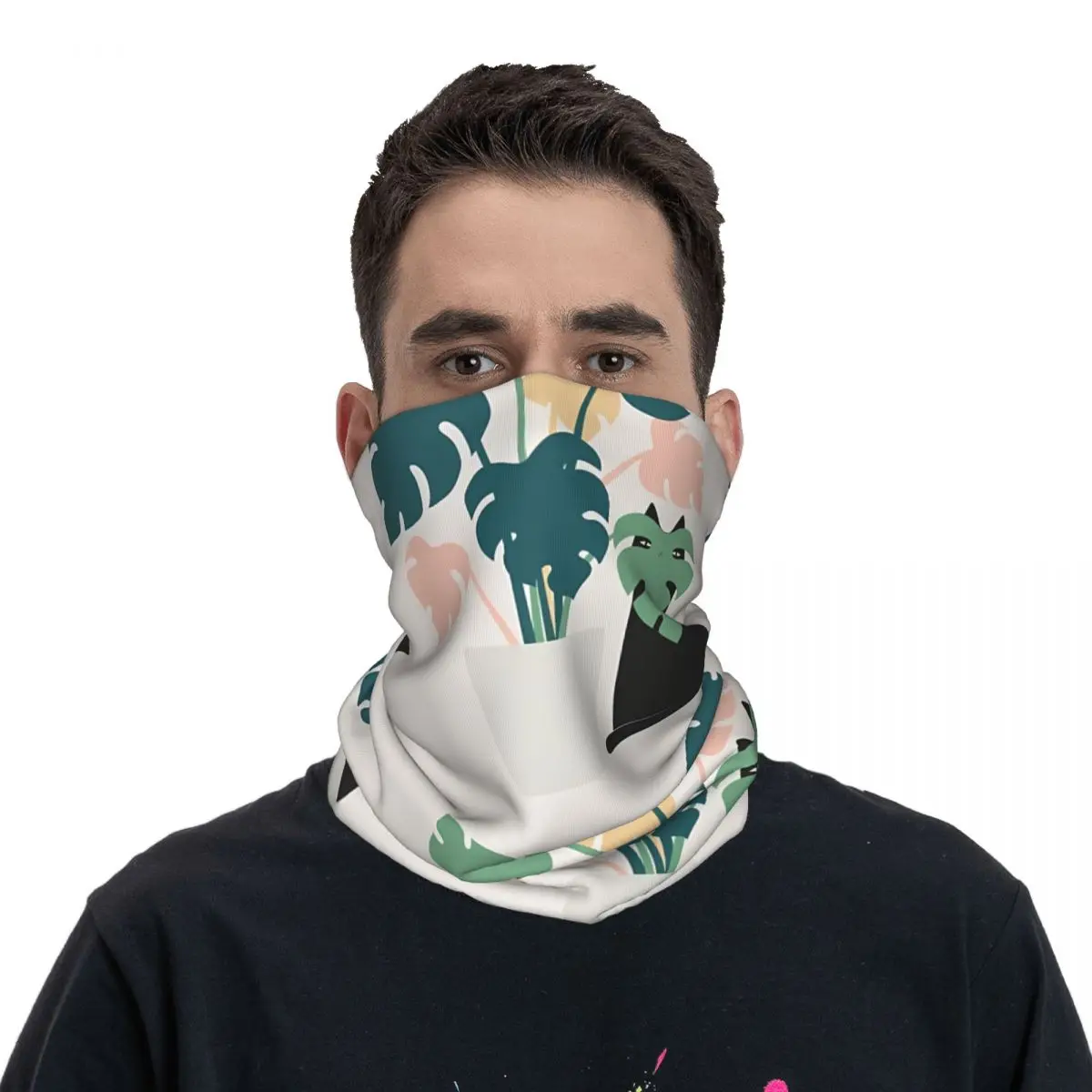 Green Plants Peeping At Cats Scarf Neckerchief Neck Face Mask Polyester