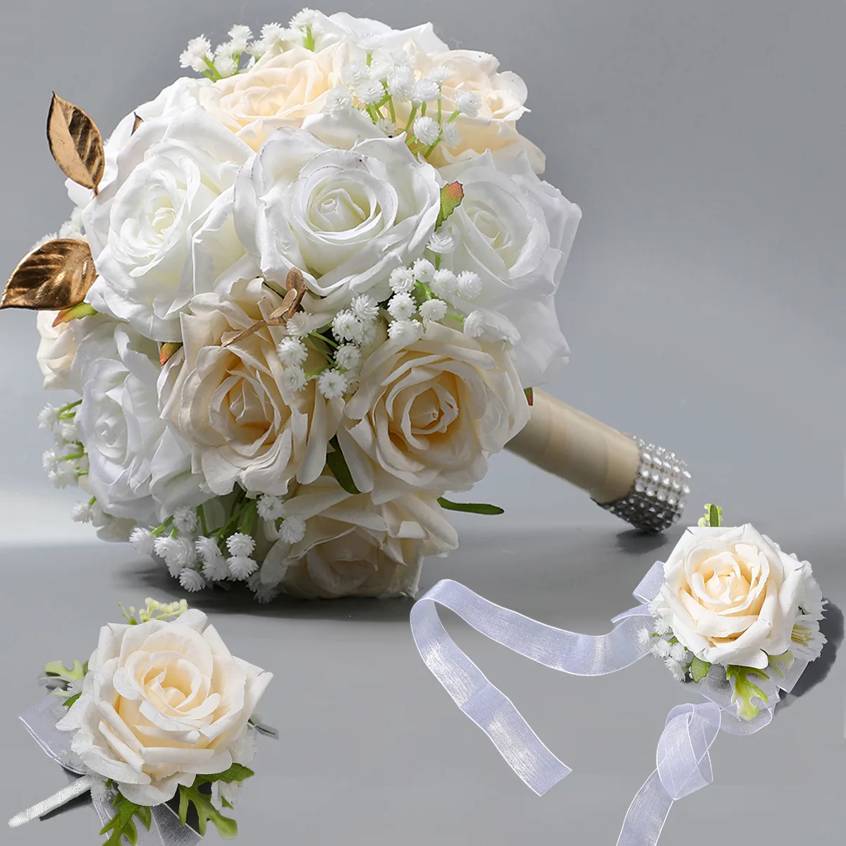 New Champagne Bridal Bouquet, Boutonniere, Bridesmaid Rose Wrist Corsage, Complete Set of Wedding Flowers