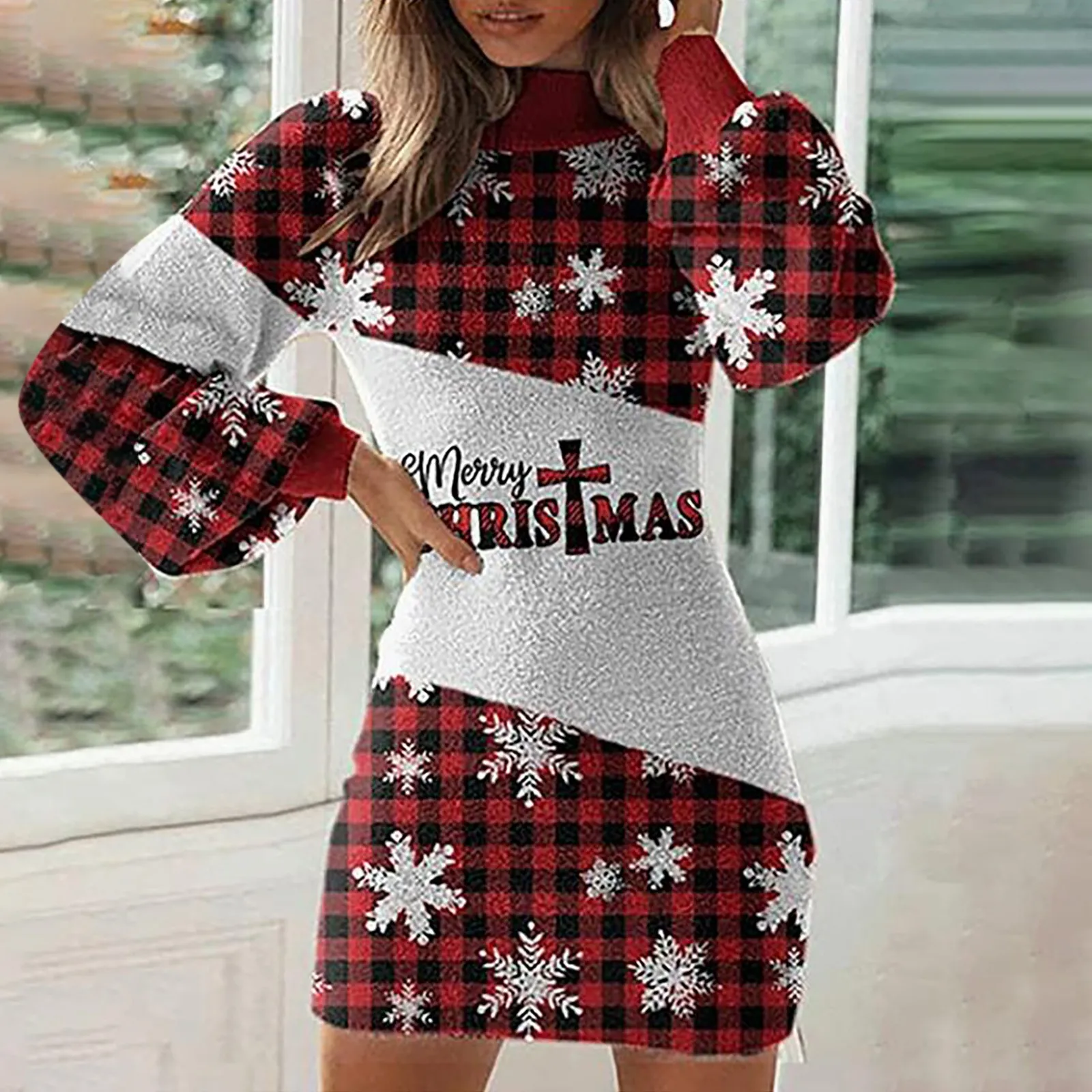 Print Christmas Party Dresses Women Elegant Long Sleeve Winter Warm Asymmetrical T-shirt Dress V Neck Red Dress Vestidos 2024